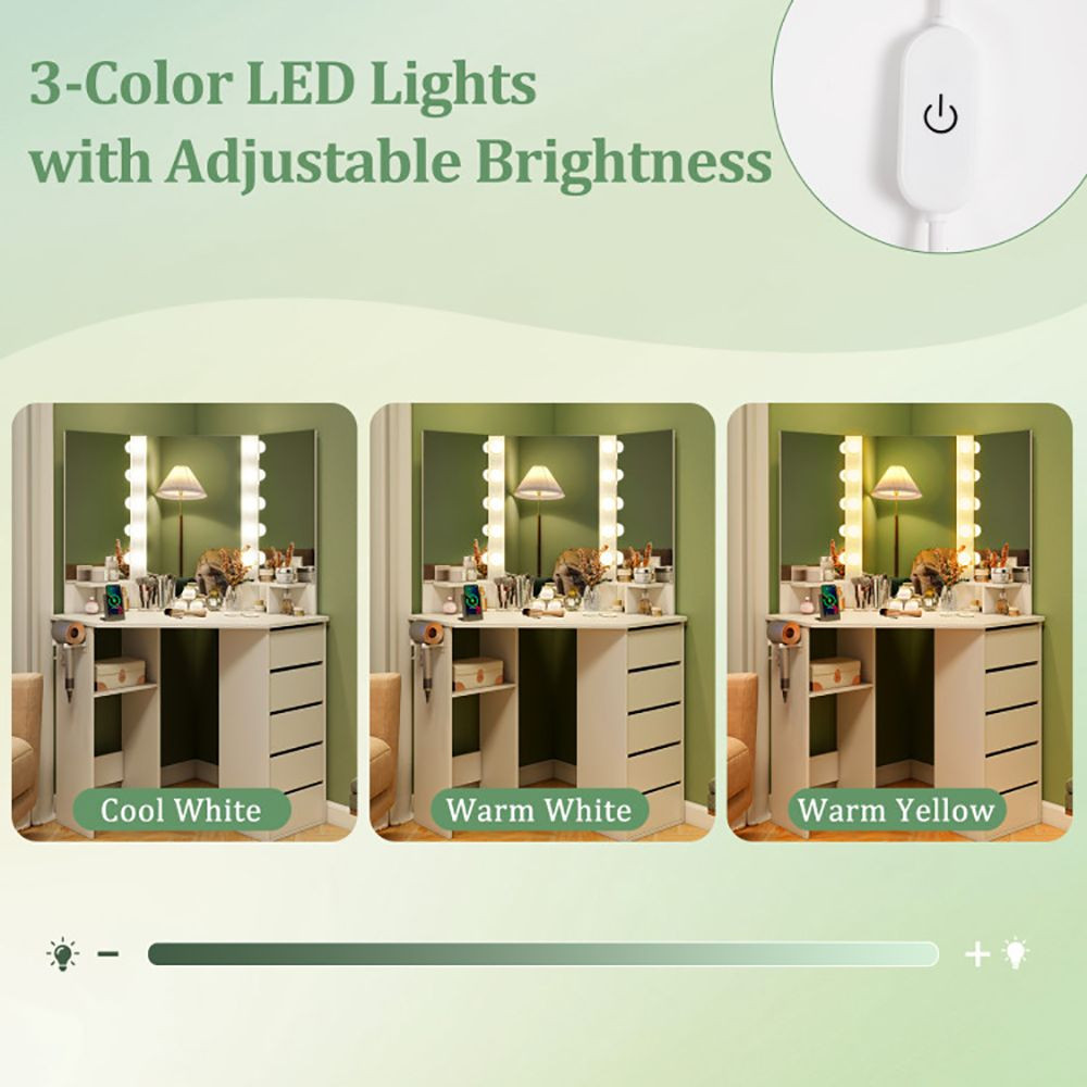 Corner Vanity Desk with 3-Color LED Lighted Mirror and Power Outlet