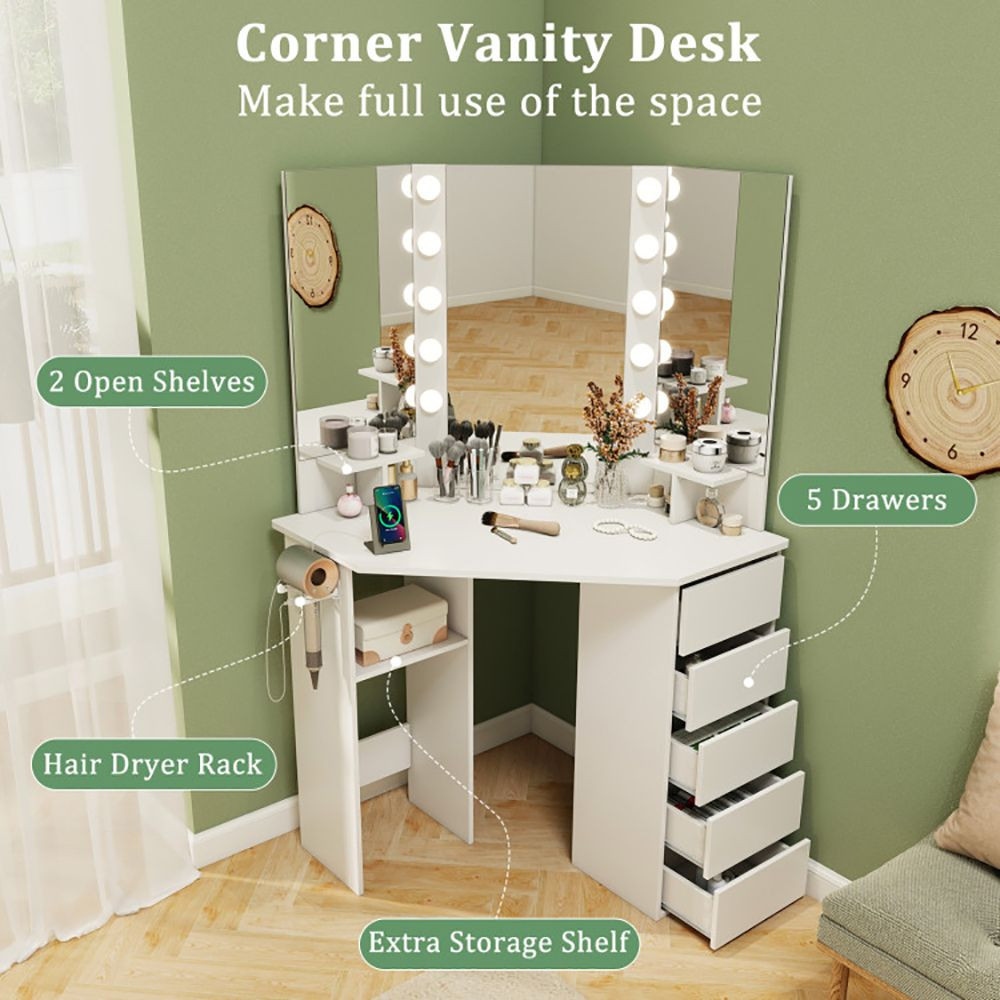 Corner Vanity Desk with 3-Color LED Lighted Mirror and Power Outlet