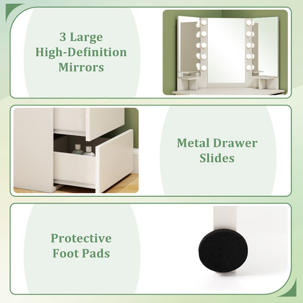 Corner Vanity Desk with 3-Color LED Lighted Mirror and Power Outlet