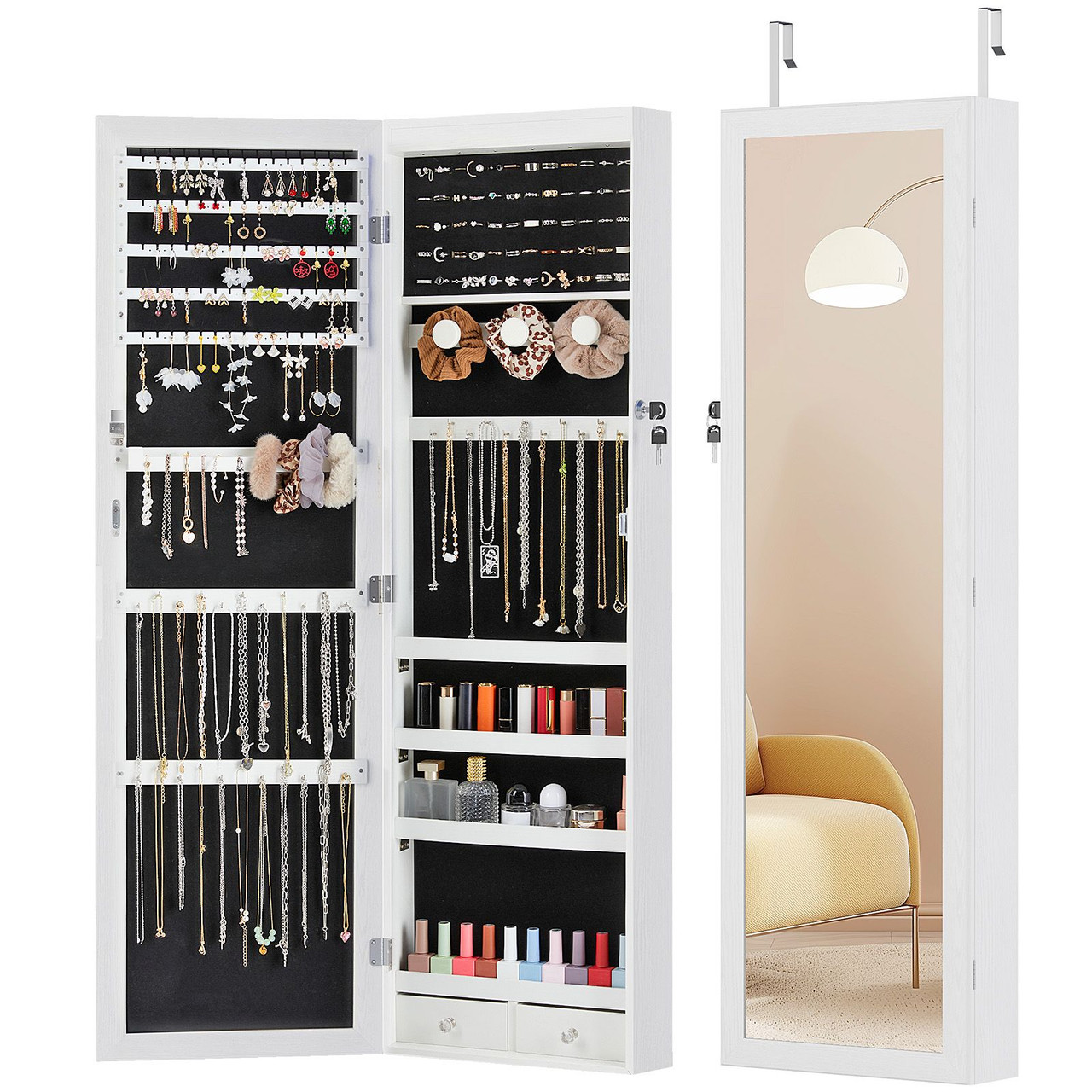 Wall-Mount/Door-Hanging Jewelry Armoire Large Capacity Mirror & LED Lights Lockable Organizer, 47.2-Inch Tall 6 LEDs Lockable Jewelry Cabinet