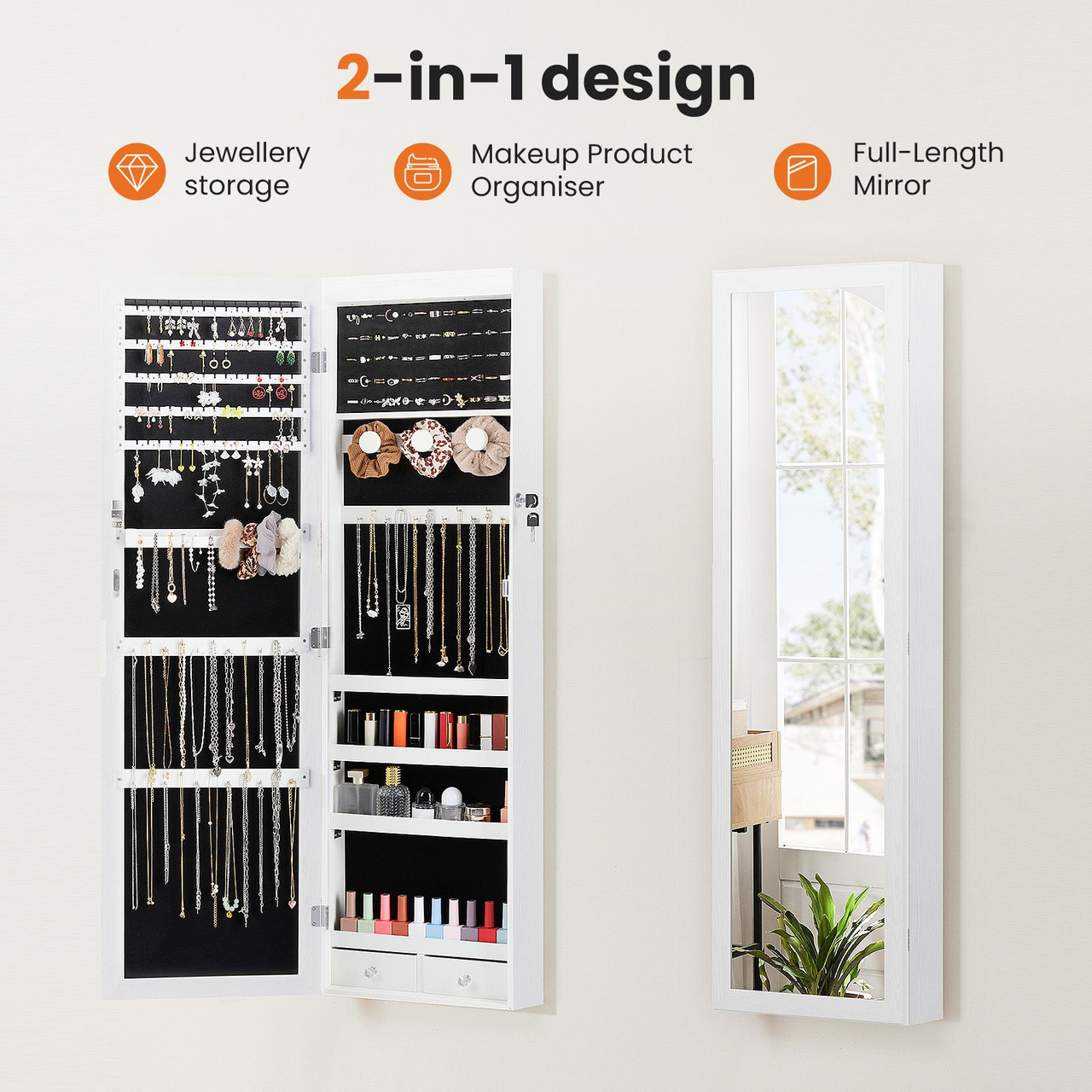 Wall-Mount/Door-Hanging Jewelry Armoire Large Capacity Mirror & LED Lights Lockable Organizer, 47.2-Inch Tall 6 LEDs Lockable Jewelry Cabinet