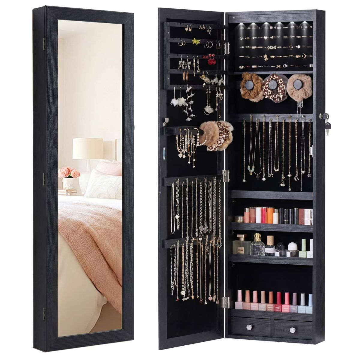 Wall-Mount/Door-Hanging Jewelry Armoire Large Capacity Mirror & LED Lights Lockable Organizer, 47.2-Inch Tall 6 LEDs Lockable Jewelry Cabinet