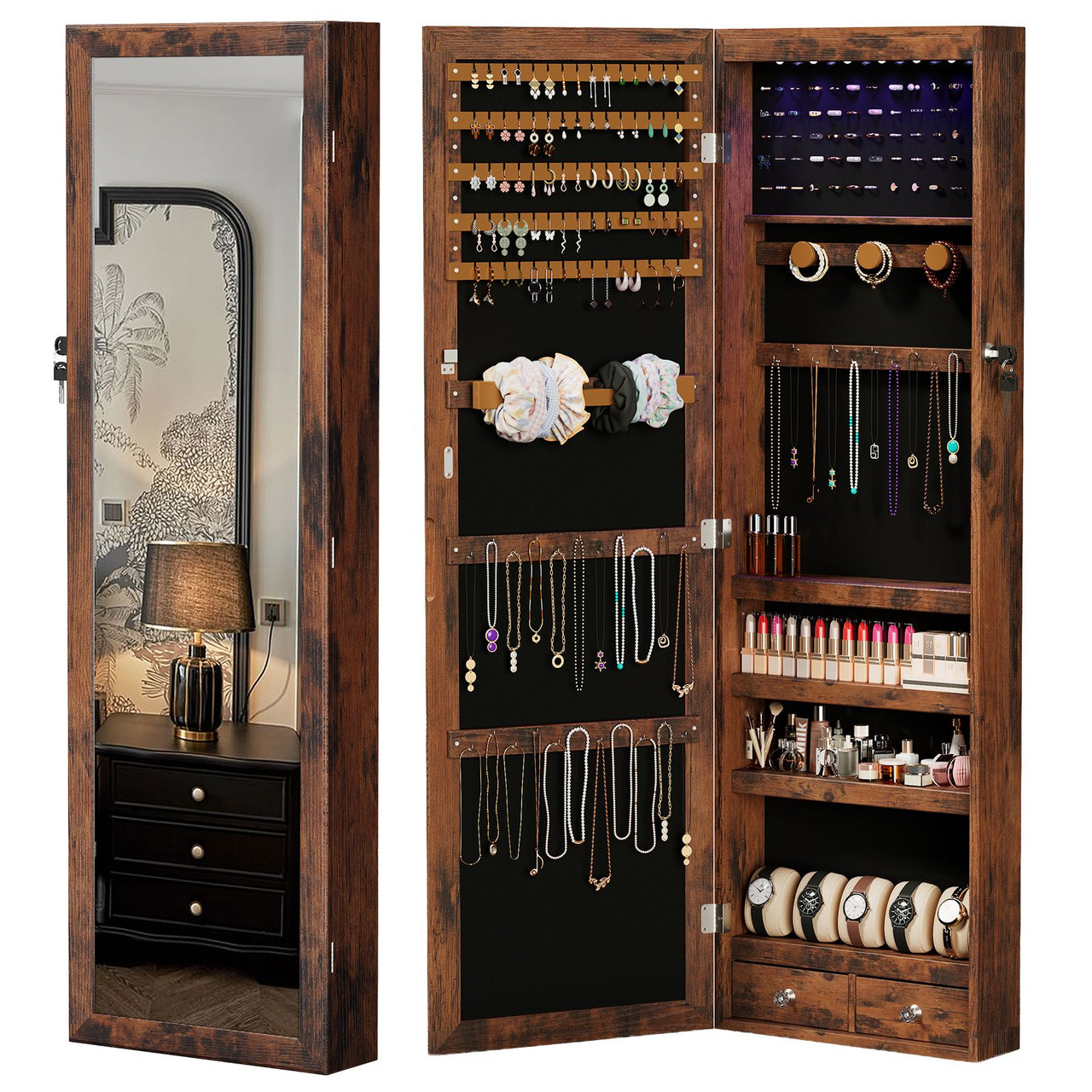Wall-Mount/Door-Hanging Jewelry Armoire Large Capacity Mirror & LED Lights Lockable Organizer, 47.2-Inch Tall 6 LEDs Lockable Jewelry Cabinet