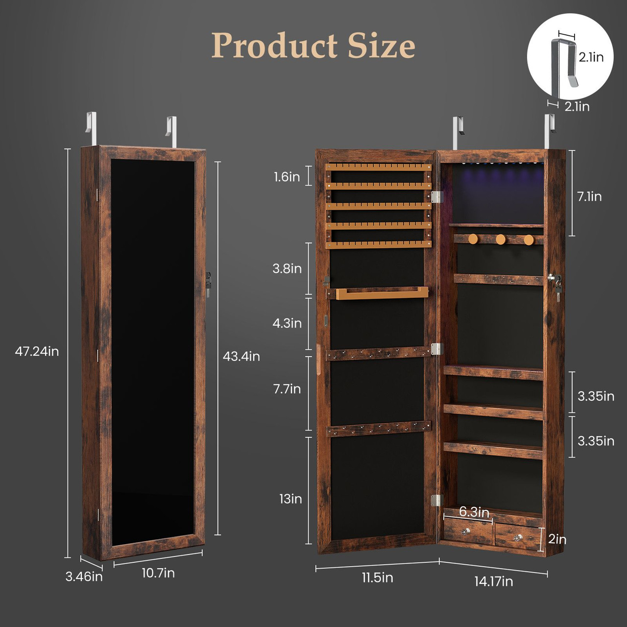 Wall-Mount/Door-Hanging Jewelry Armoire Large Capacity Mirror & LED Lights Lockable Organizer, 47.2-Inch Tall 6 LEDs Lockable Jewelry Cabinet