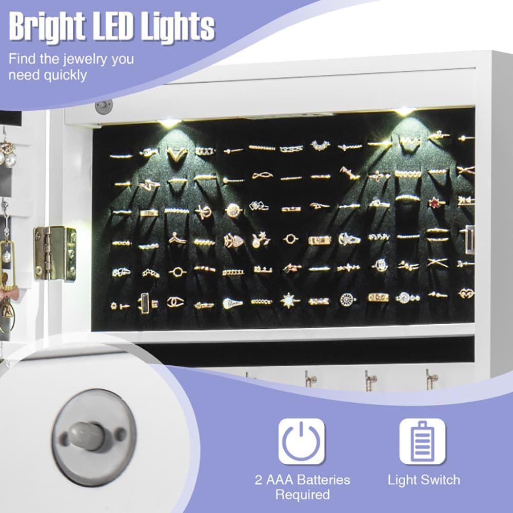Lockable Wall Mount Mirrored Jewelry Cabinet with LED Lights