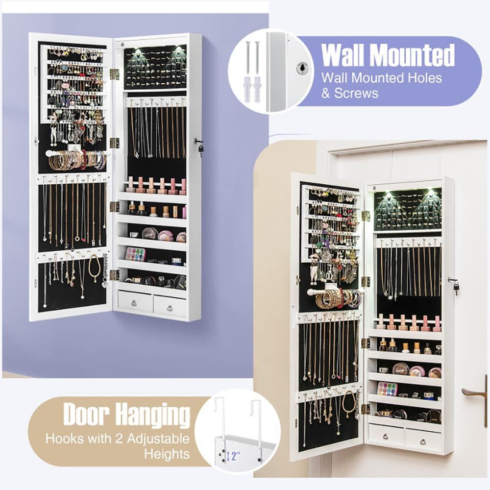 Lockable Wall Mount Mirrored Jewelry Cabinet with LED Lights