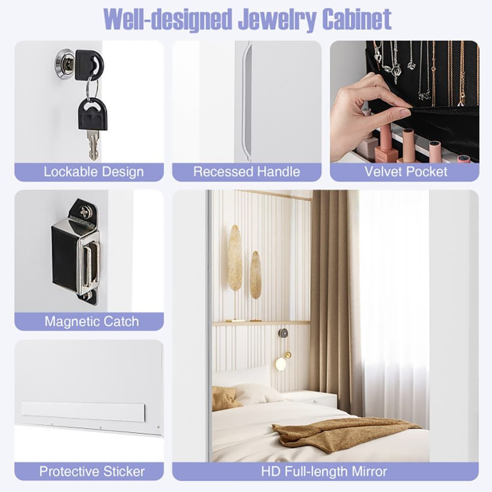 Lockable Wall Mount Mirrored Jewelry Cabinet with LED Lights
