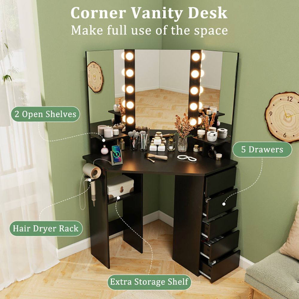 Corner Vanity Desk with 3-Color LED Lighted Mirror and Power Outlet