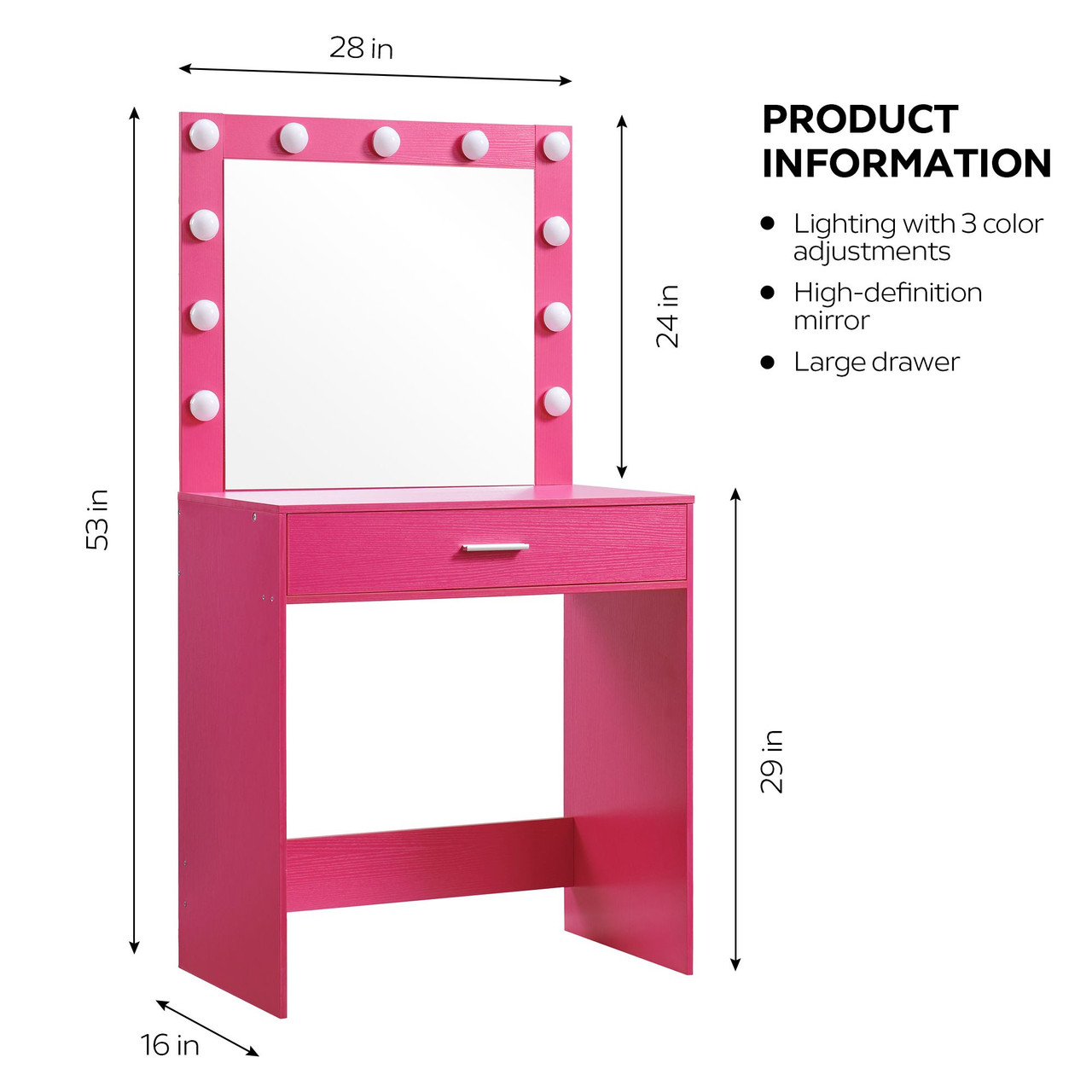 Vanity Desk with Mirror and Lights, Dressing Table with Large Drawer, 1 Level Storage Dresser & 3 Lighting Modes Adjustable Brightness, Suitable for Bedroom