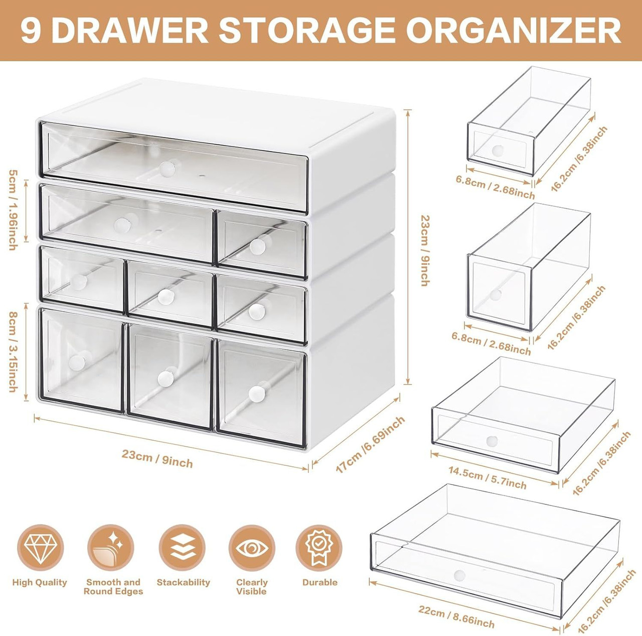 Desk Storage Organizer with 9 Drawers, 4 Tiers Stackable Desktop Craft Storage Drawers, Clear Storage Box Caddy for Stationary Makeup Jewelry Office Craft Supplies (White)