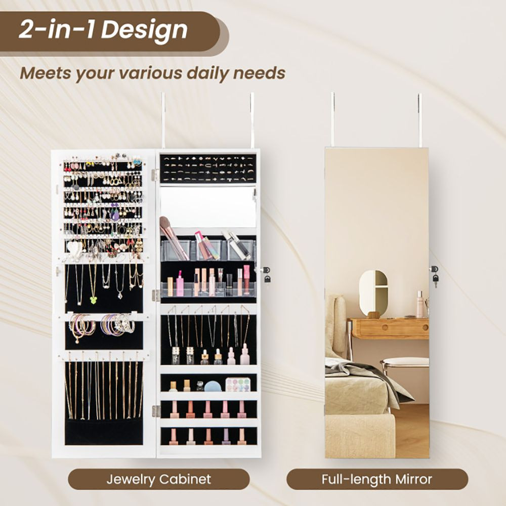 43.5 Inch Jewelry Mirror Cabinet with Full-length Mirror and Adjustable Hangers