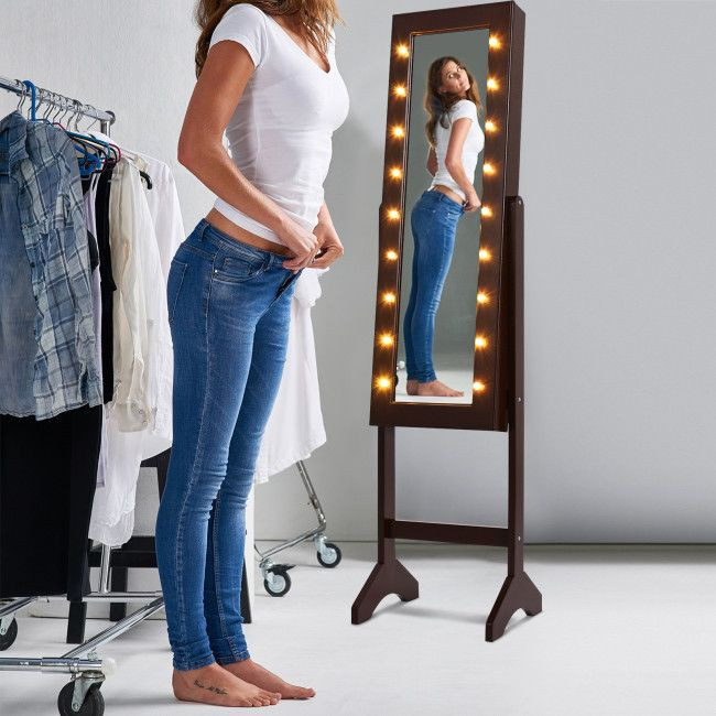Mirrored Standing Jewelry Armoire Cabinet with LED Lights