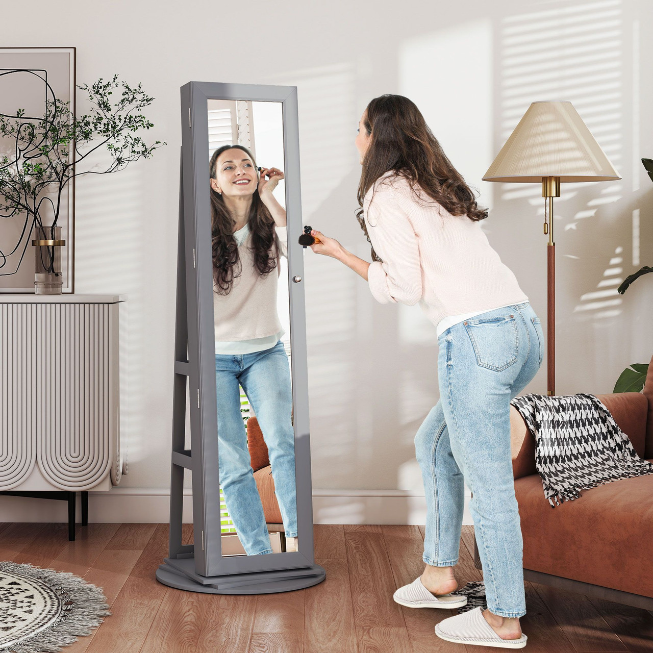 360° Swivel Jewelry Armoire, Lockable Jewelry Cabinet with Full-Length Mirror, Storage Shelves, Gray