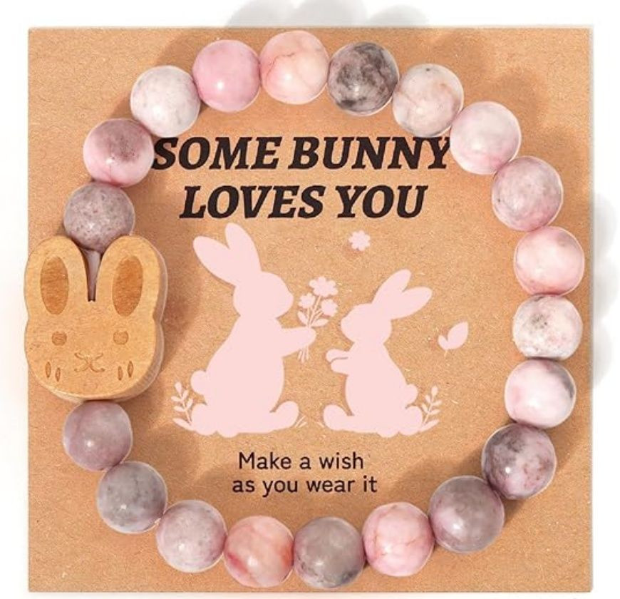 Easter Basket Stuffers Bracelet – Handmade Gemstone Bunny Bracelet with Cute Bunny Card and Gift Box, Stretch Beaded Jewelry Holiday Gift