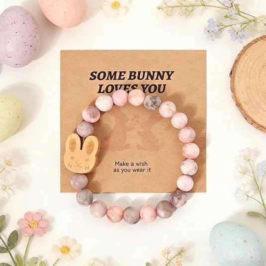 Easter Basket Stuffers Bracelet – Handmade Gemstone Bunny Bracelet with Cute Bunny Card and Gift Box, Stretch Beaded Jewelry Holiday Gift