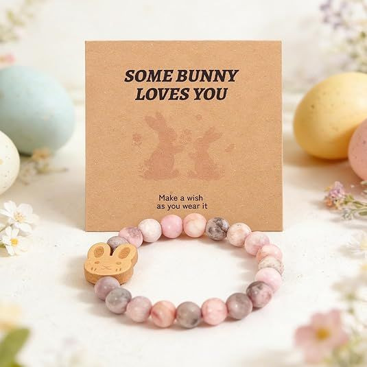Easter Basket Stuffers Bracelet – Handmade Gemstone Bunny Bracelet with Cute Bunny Card and Gift Box, Stretch Beaded Jewelry Holiday Gift