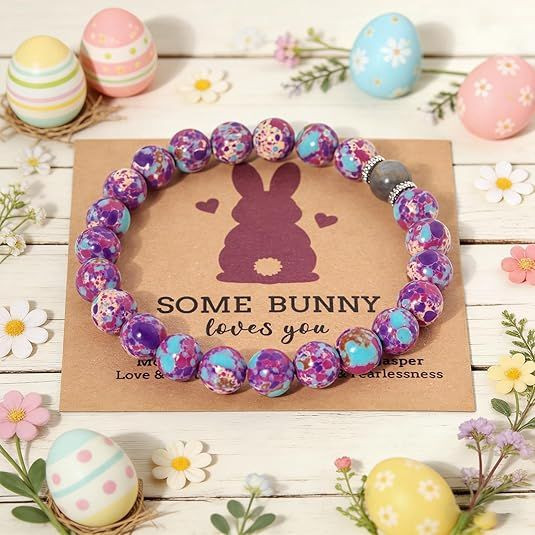 Easter Basket Stuffers Bracelet – Handmade Gemstone Bunny Bracelet with Cute Bunny Card and Gift Box, Stretch Beaded Jewelry Holiday Gift