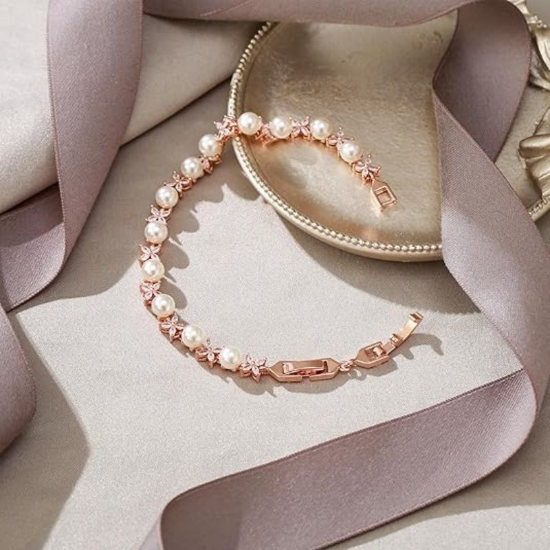 Gorgeous Cubic Zirconia Wedding Jewelry for Bride Bridesmaid, Elegant Simulated Pearl Teardrop Tennis Bracelet Gift for Women