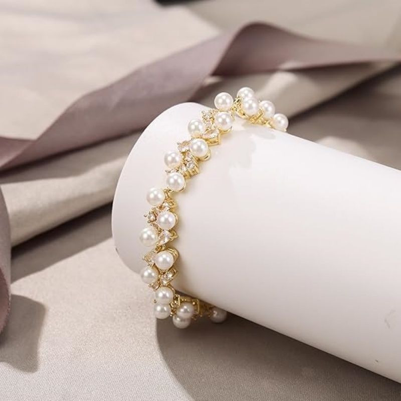 Gorgeous Cubic Zirconia Wedding Jewelry for Bride Bridesmaid, Elegant Simulated Pearl Teardrop Tennis Bracelet Gift for Women