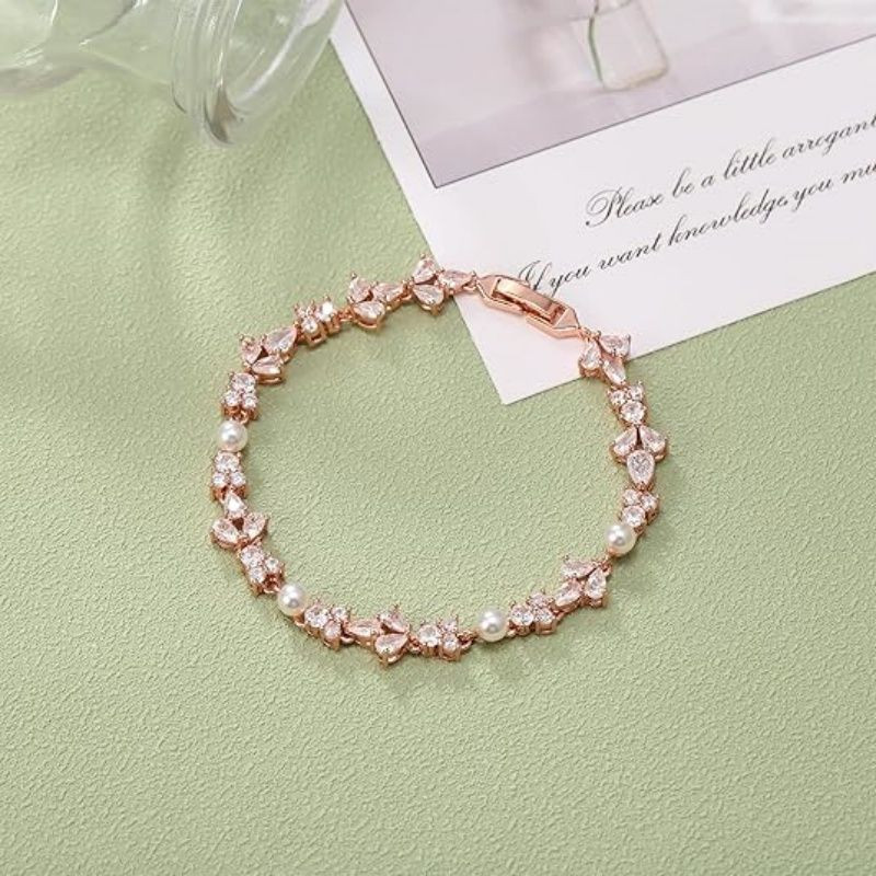 Gorgeous Cubic Zirconia Wedding Jewelry for Bride Bridesmaid, Elegant Simulated Pearl Teardrop Tennis Bracelet Gift for Women