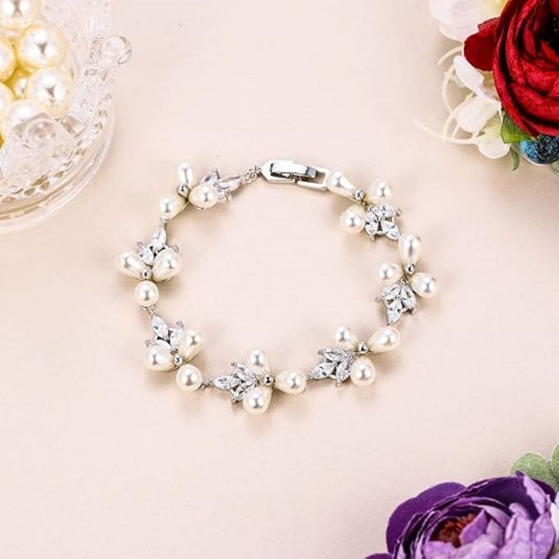 Gorgeous Cubic Zirconia Wedding Jewelry for Bride Bridesmaid, Elegant Simulated Pearl Teardrop Tennis Bracelet Gift for Women