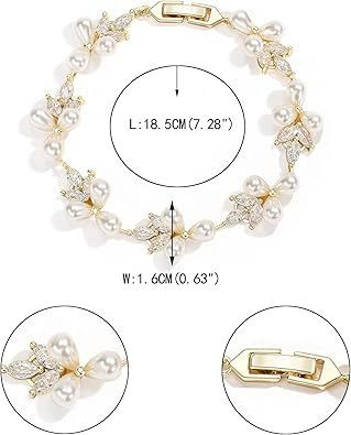 Gorgeous Cubic Zirconia Wedding Jewelry for Bride Bridesmaid, Elegant Simulated Pearl Teardrop Tennis Bracelet Gift for Women