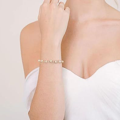 Gorgeous Cubic Zirconia Wedding Jewelry for Bride Bridesmaid, Elegant Simulated Pearl Teardrop Tennis Bracelet Gift for Women