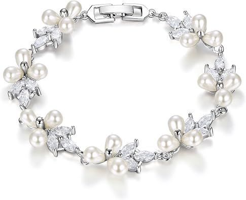 Gorgeous Cubic Zirconia Wedding Jewelry for Bride Bridesmaid, Elegant Simulated Pearl Teardrop Tennis Bracelet Gift for Women