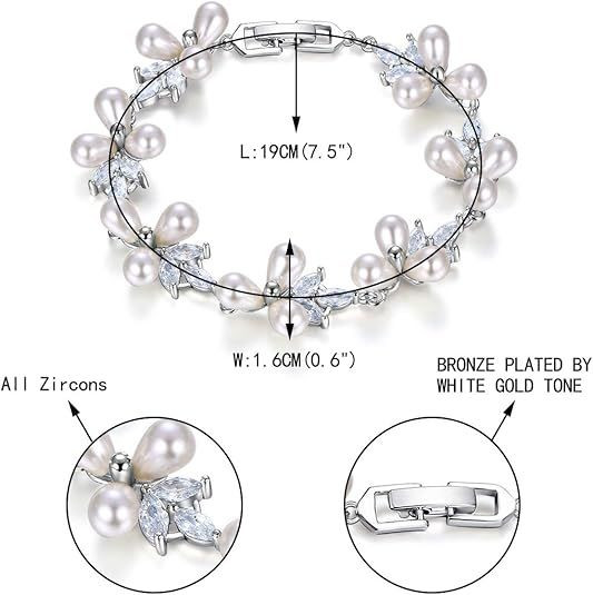 Gorgeous Cubic Zirconia Wedding Jewelry for Bride Bridesmaid, Elegant Simulated Pearl Teardrop Tennis Bracelet Gift for Women