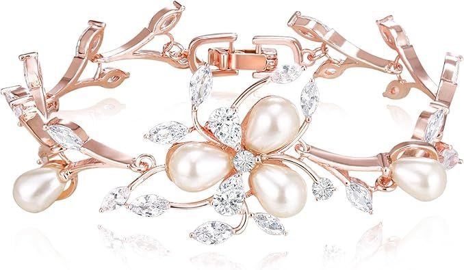 Gorgeous Cubic Zirconia Wedding Jewelry for Bride Bridesmaid, Elegant Simulated Pearl Teardrop Tennis Bracelet Gift for Women