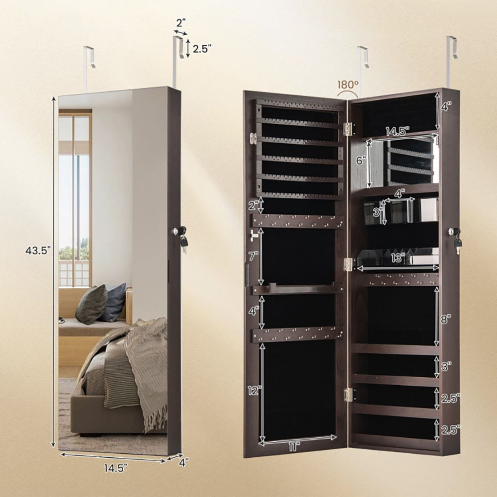 43.5 Inch Jewelry Mirror Cabinet with Full-length Mirror and Adjustable Hangers