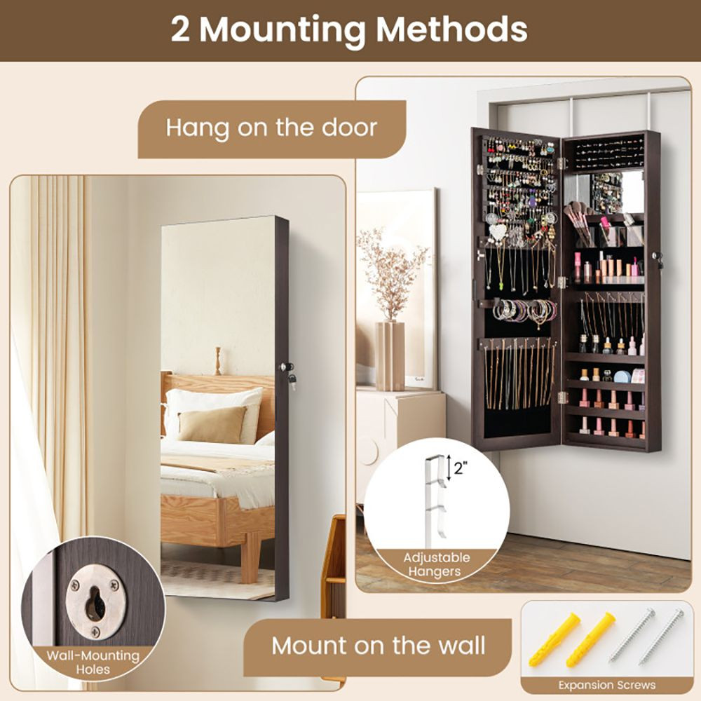 43.5 Inch Jewelry Mirror Cabinet with Full-length Mirror and Adjustable Hangers