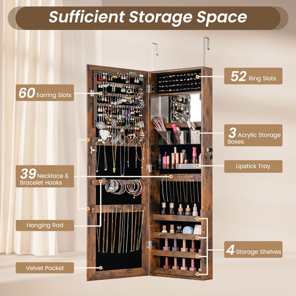 43.5 Inch Jewelry Mirror Cabinet with Full-length Mirror and Adjustable Hangers