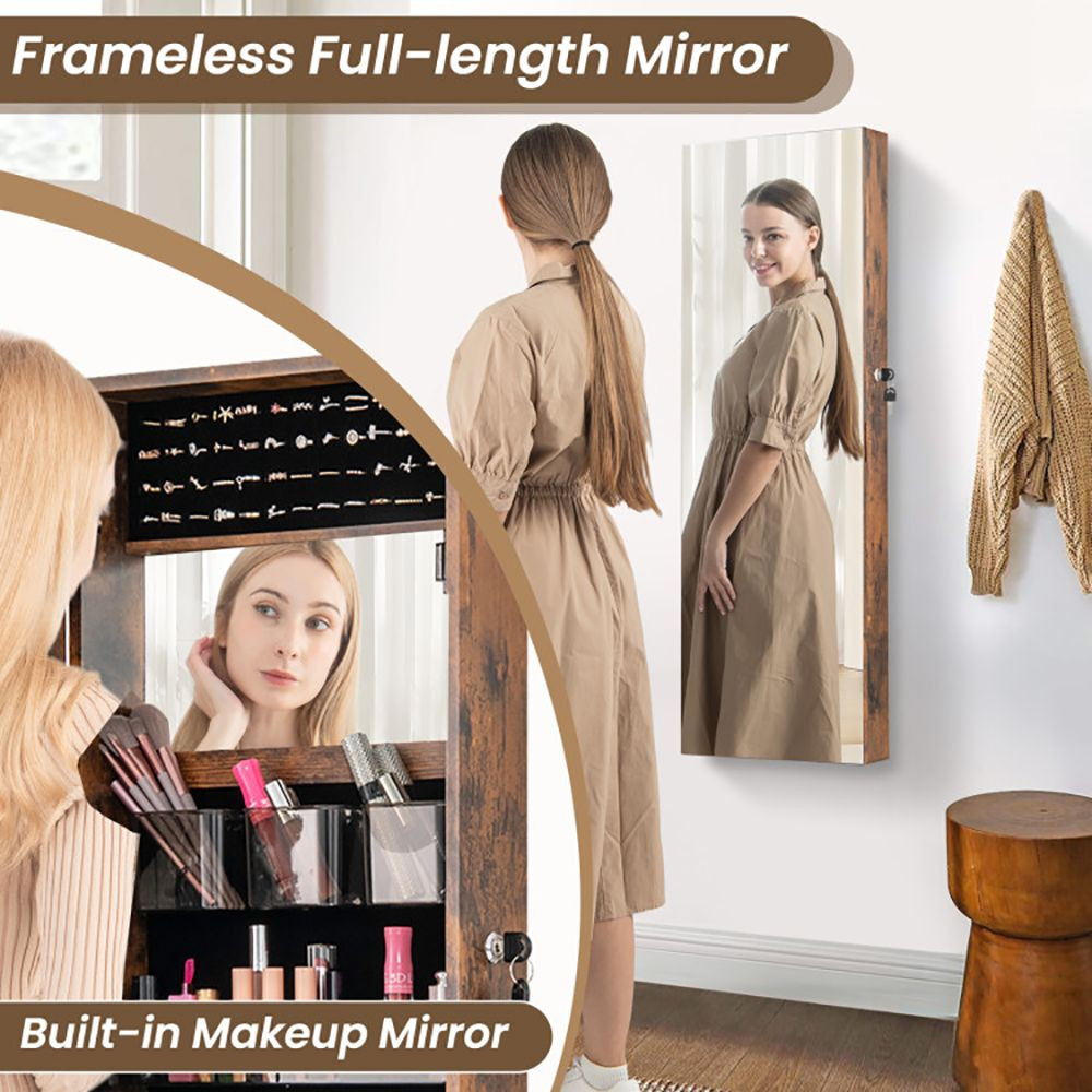 43.5 Inch Jewelry Mirror Cabinet with Full-length Mirror and Adjustable Hangers