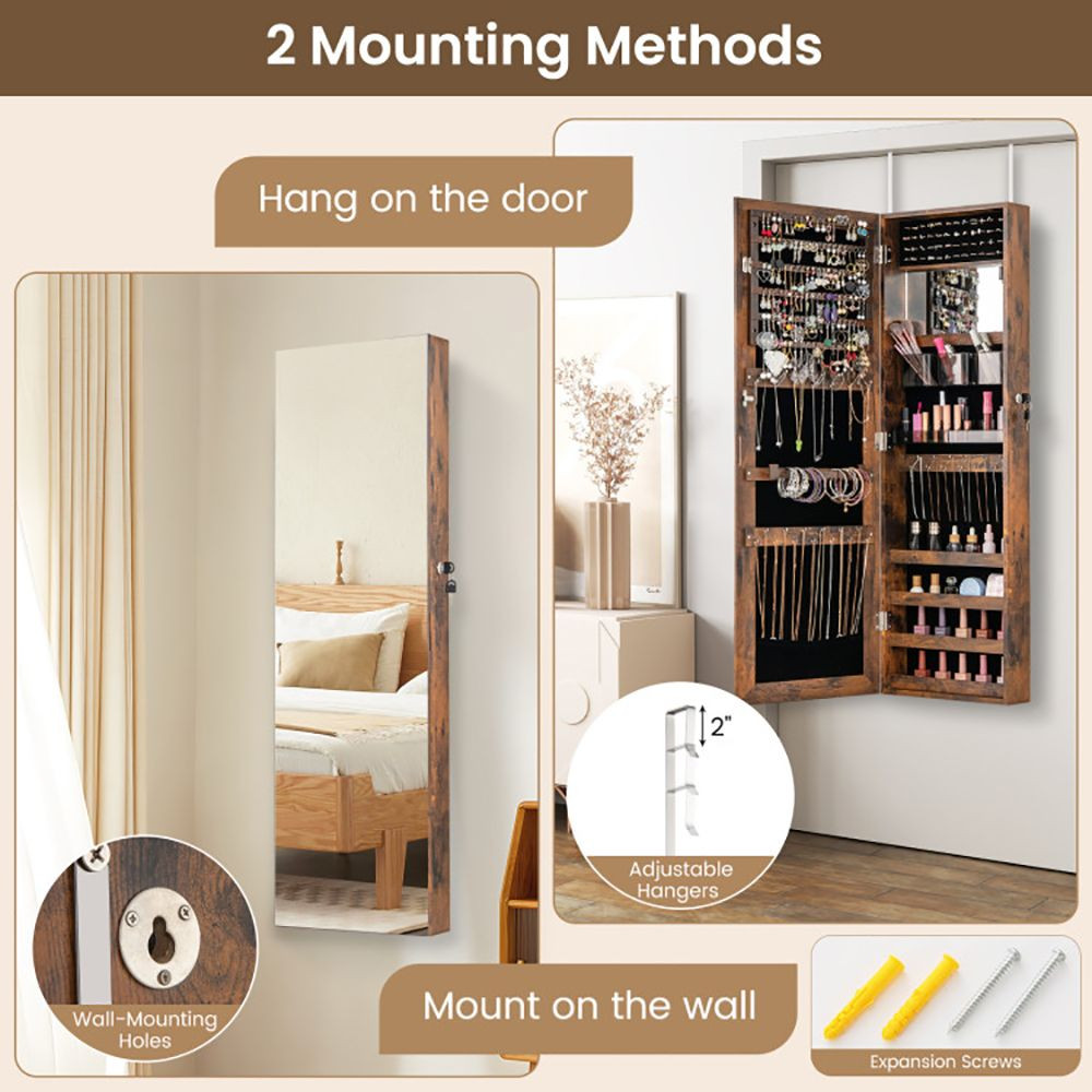 43.5 Inch Jewelry Mirror Cabinet with Full-length Mirror and Adjustable Hangers
