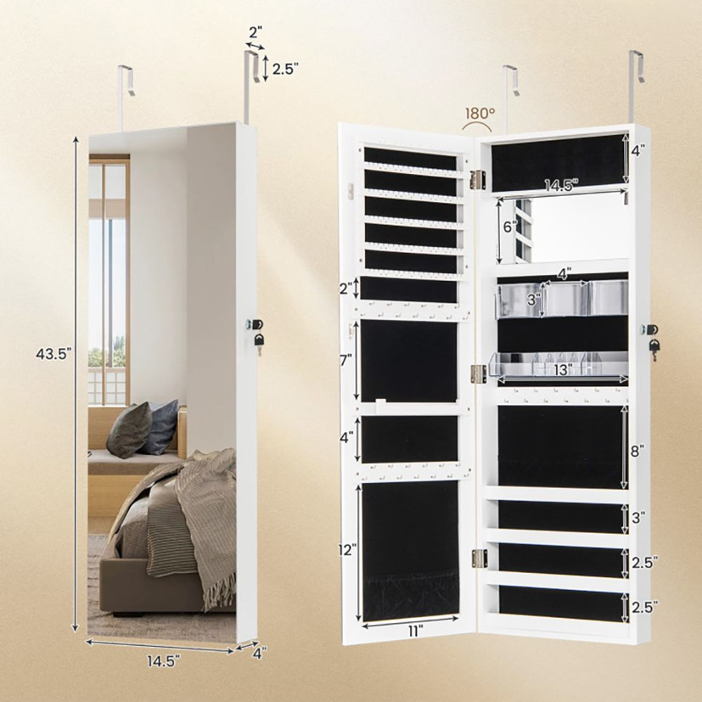 43.5 Inch Jewelry Mirror Cabinet with Full-length Mirror and Adjustable Hangers
