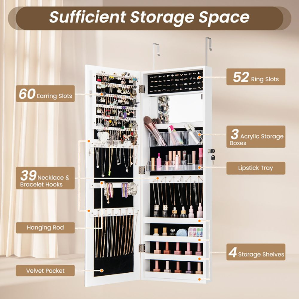 43.5 Inch Jewelry Mirror Cabinet with Full-length Mirror and Adjustable Hangers