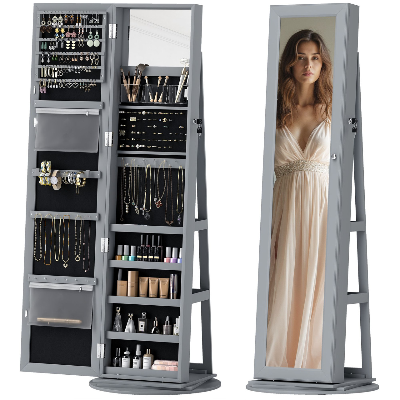 360° Swivel Jewelry Armoire, Lockable Jewelry Cabinet with Full-Length Mirror, Storage Shelves, Gray