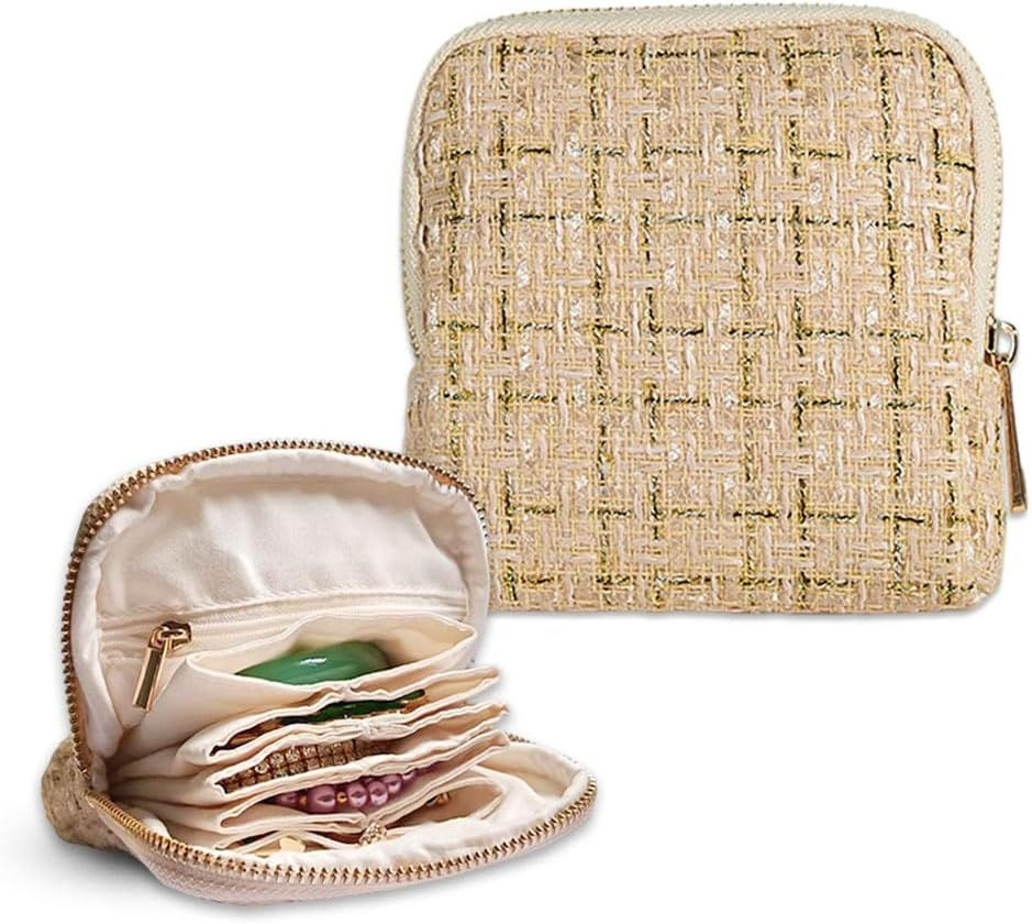 Small Travel Jewelry Pouch - Durable Tweed Mini Jewelry Storage Case, Chic Home Organizer for Rings, Earrings, Necklaces, Watches, Bracelets, Bangles, Women Girls Mom Gift