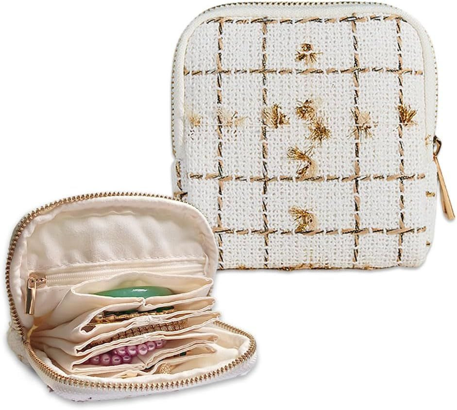 Small Travel Jewelry Pouch - Durable Tweed Mini Jewelry Storage Case, Chic Home Organizer for Rings, Earrings, Necklaces, Watches, Bracelets, Bangles, Women Girls Mom Gift