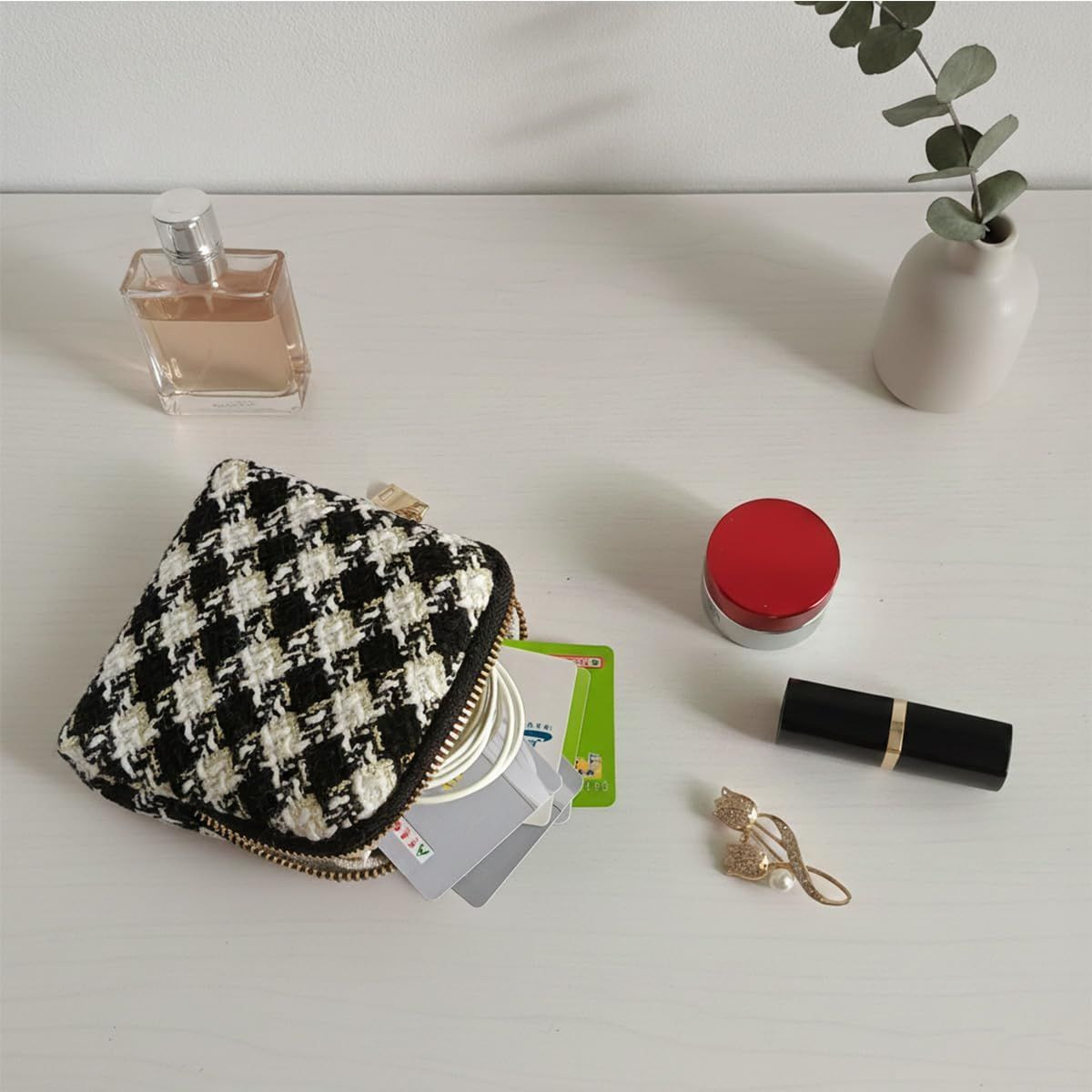 Small Travel Jewelry Pouch - Durable Tweed Mini Jewelry Storage Case, Chic Home Organizer for Rings, Earrings, Necklaces, Watches, Bracelets, Bangles, Women Girls Mom Gift