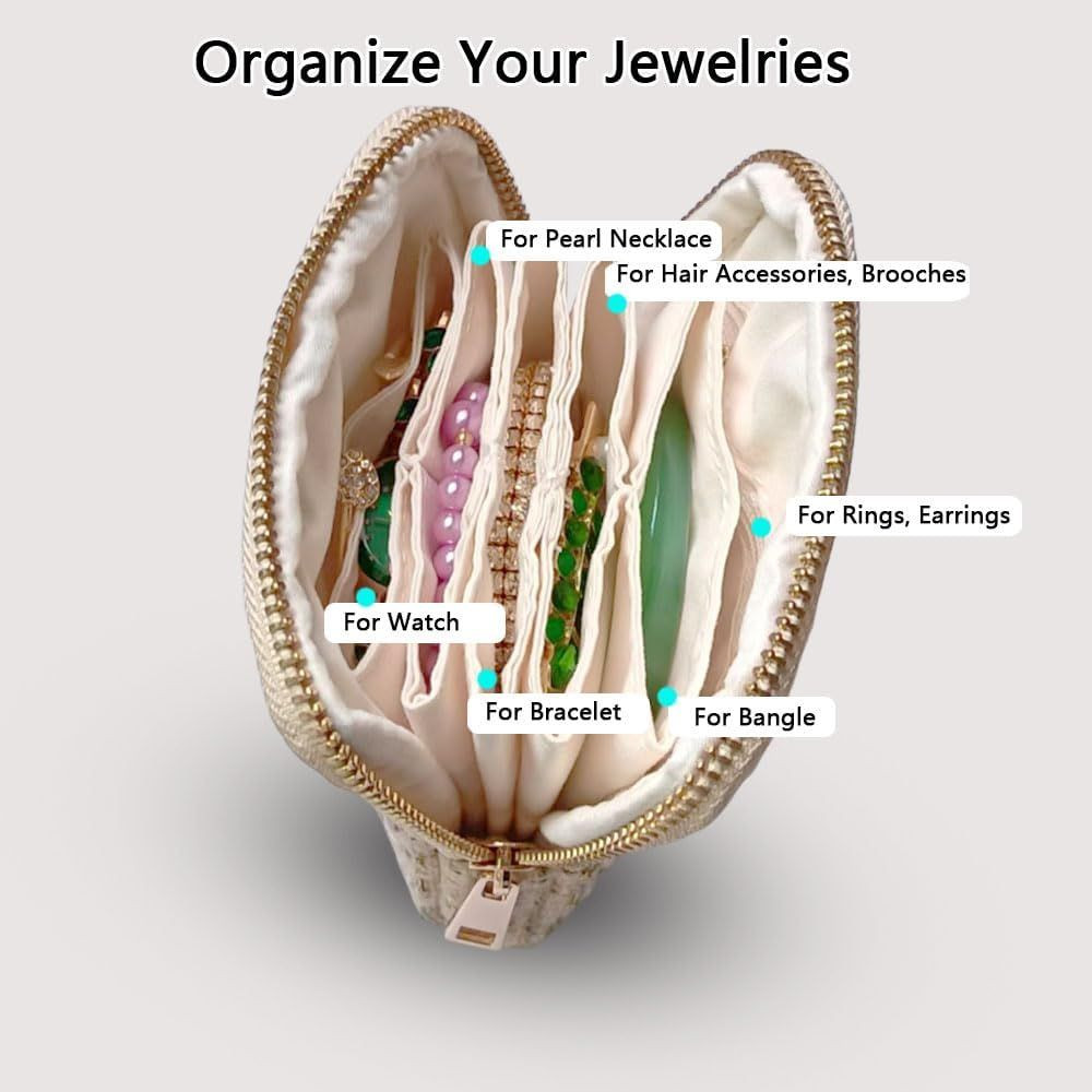 Small Travel Jewelry Pouch - Durable Tweed Mini Jewelry Storage Case, Chic Home Organizer for Rings, Earrings, Necklaces, Watches, Bracelets, Bangles, Women Girls Mom Gift