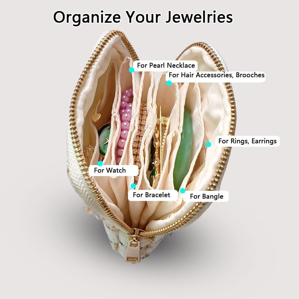 Small Travel Jewelry Pouch - Durable Tweed Mini Jewelry Storage Case, Chic Home Organizer for Rings, Earrings, Necklaces, Watches, Bracelets, Bangles, Women Girls Mom Gift