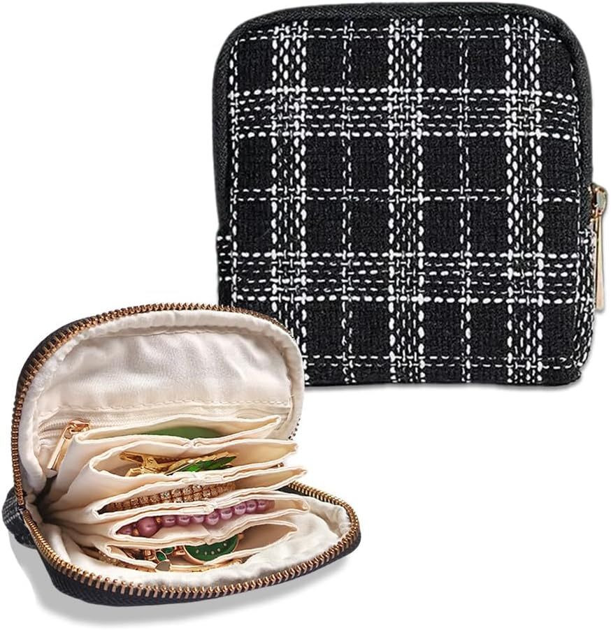 Small Travel Jewelry Pouch - Durable Tweed Mini Jewelry Storage Case, Chic Home Organizer for Rings, Earrings, Necklaces, Watches, Bracelets, Bangles, Women Girls Mom Gift