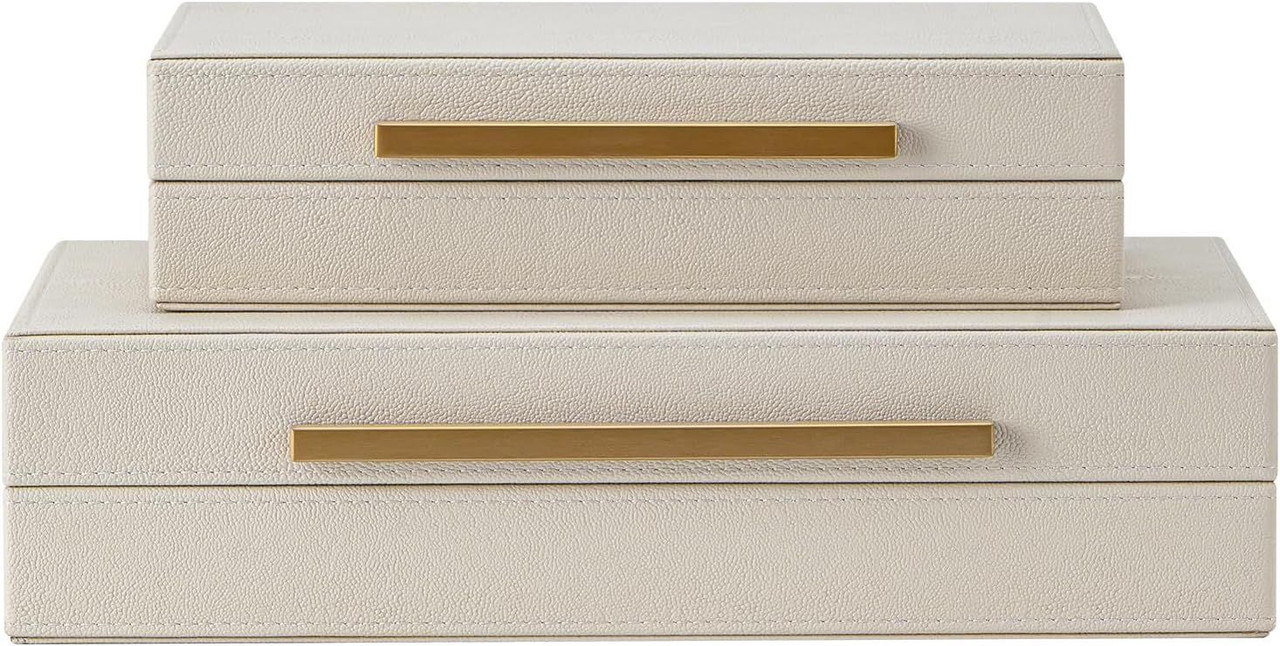 Set of 2 Beige Shagreen Decorative Storage Boxes with Gold Metal Handles – Faux Leather Jewelry Memory Boxes