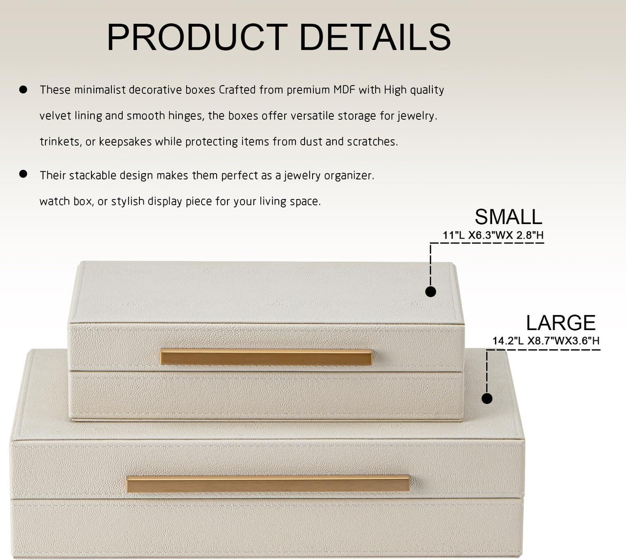 Set of 2 Beige Shagreen Decorative Storage Boxes with Gold Metal Handles – Faux Leather Jewelry Memory Boxes