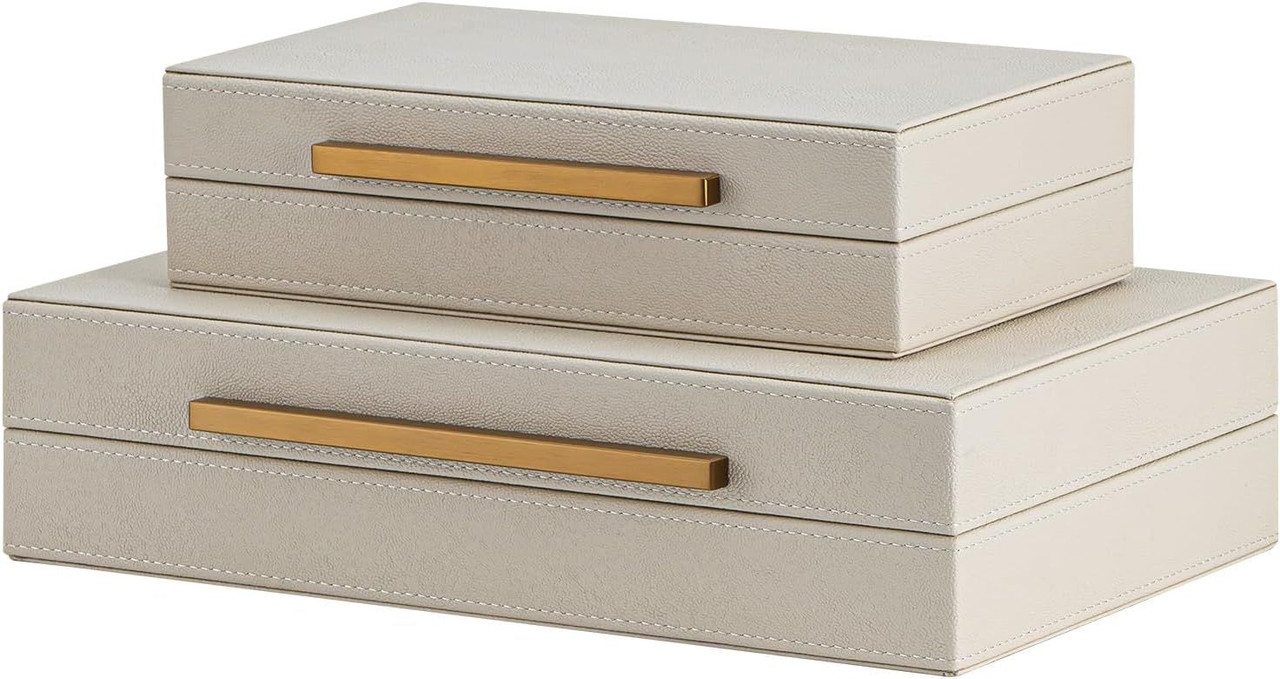 Set of 2 Beige Shagreen Decorative Storage Boxes with Gold Metal Handles – Faux Leather Jewelry Memory Boxes
