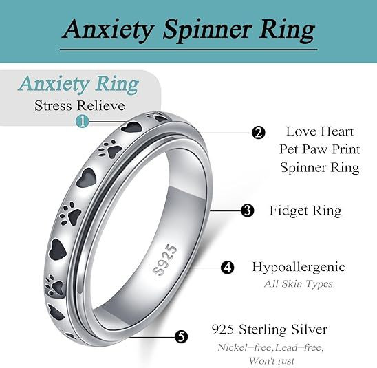 Anxiety Relieve Rings 925 Sterling Silver Spinner Fidget Ring Worry Stress Relieving Boredom ADHD Autism Ring Platinum Plated Jewelry Birthday Gifts for Women Men