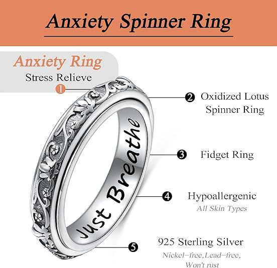 Anxiety Relieve Rings 925 Sterling Silver Spinner Fidget Ring Worry Stress Relieving Boredom ADHD Autism Ring Platinum Plated Jewelry Birthday Gifts for Women Men