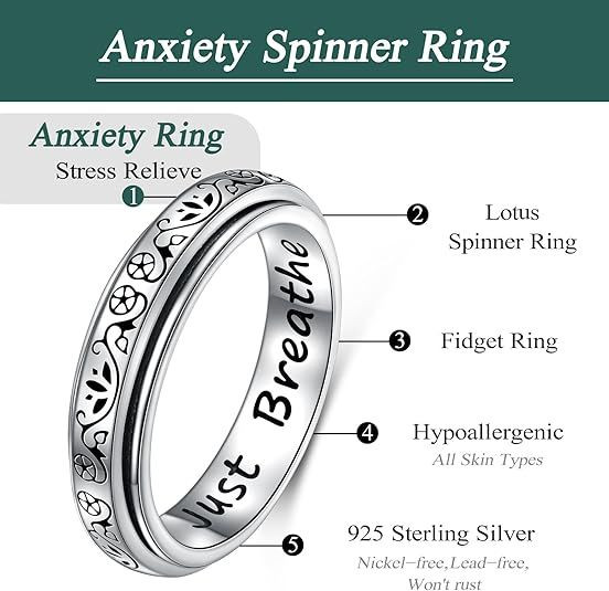 Anxiety Relieve Rings 925 Sterling Silver Spinner Fidget Ring Worry Stress Relieving Boredom ADHD Autism Ring Platinum Plated Jewelry Birthday Gifts for Women Men